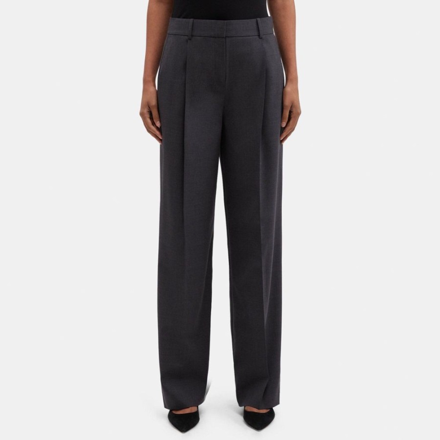 Women Theory Outlet | Pleated Relaxed Pant In Stretch Wool Charcoal Melange