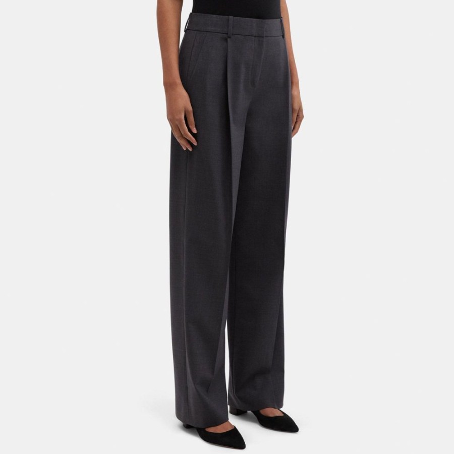 Women Theory Outlet | Pleated Relaxed Pant In Stretch Wool Charcoal Melange