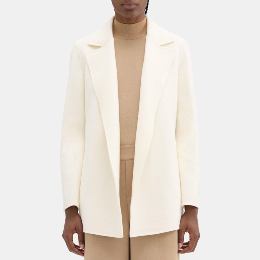 Women Theory Outlet | Open Front Coat In Double-Face Wool-Cashmere Ivory