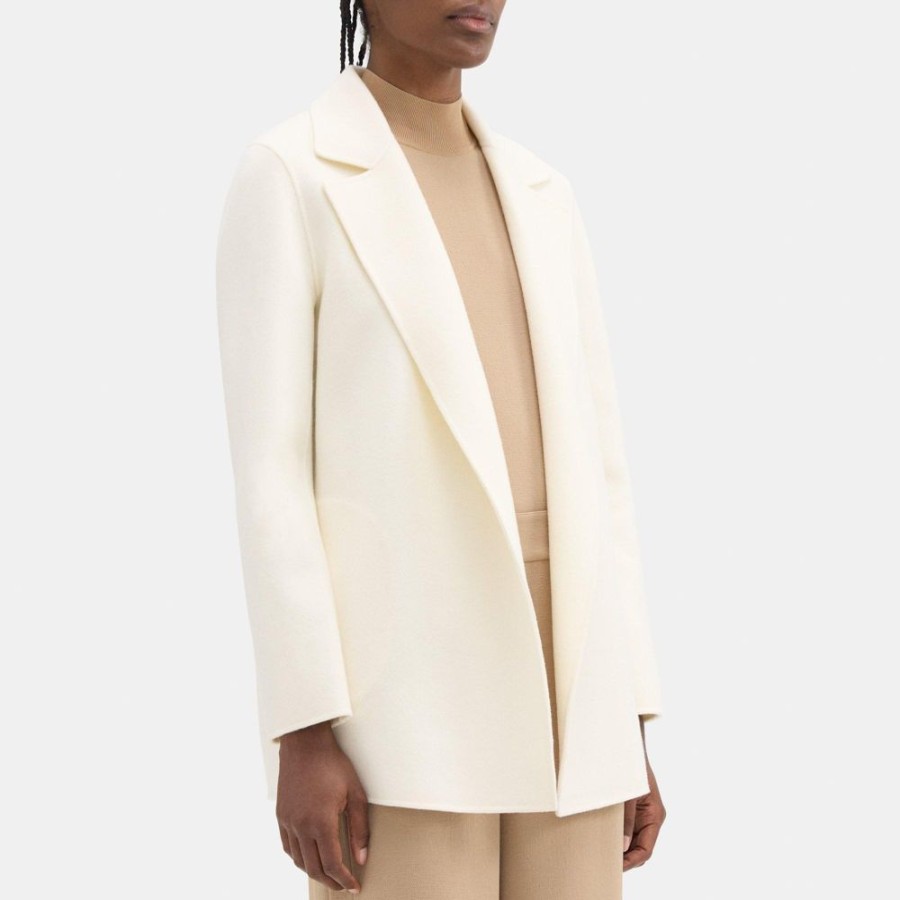 Women Theory Outlet | Open Front Coat In Double-Face Wool-Cashmere Ivory