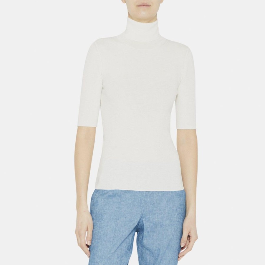 Women Theory Outlet | Turtleneck Tee In Fine Merino Ivory