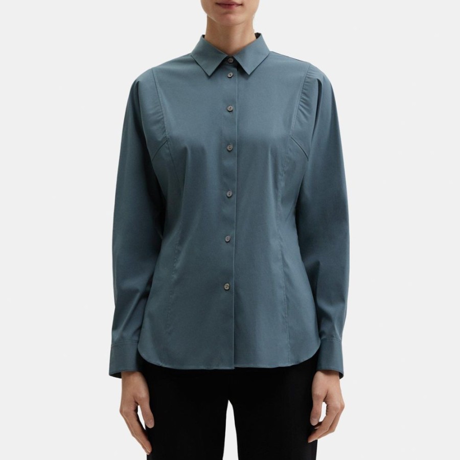 Women Theory Outlet | Cinched Shirt In Stretch Cotton Blue Granite