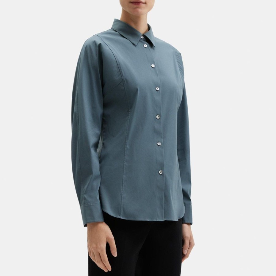 Women Theory Outlet | Cinched Shirt In Stretch Cotton Blue Granite