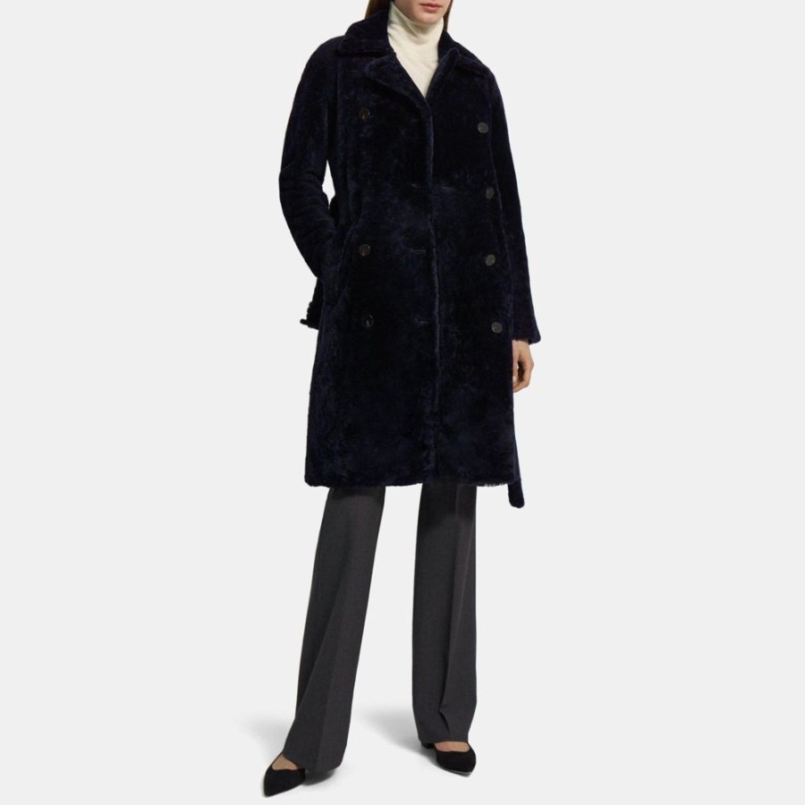 Women Theory Outlet | Double-Breasted Trench Coat In Shearling Navy