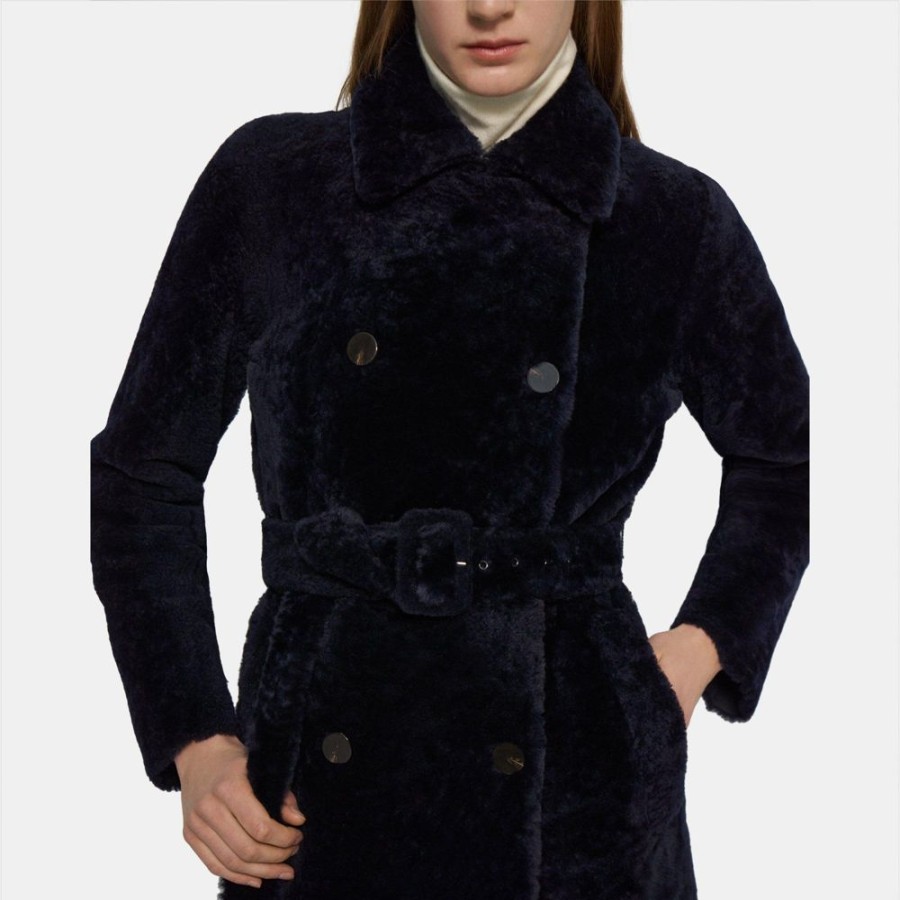 Women Theory Outlet | Double-Breasted Trench Coat In Shearling Navy