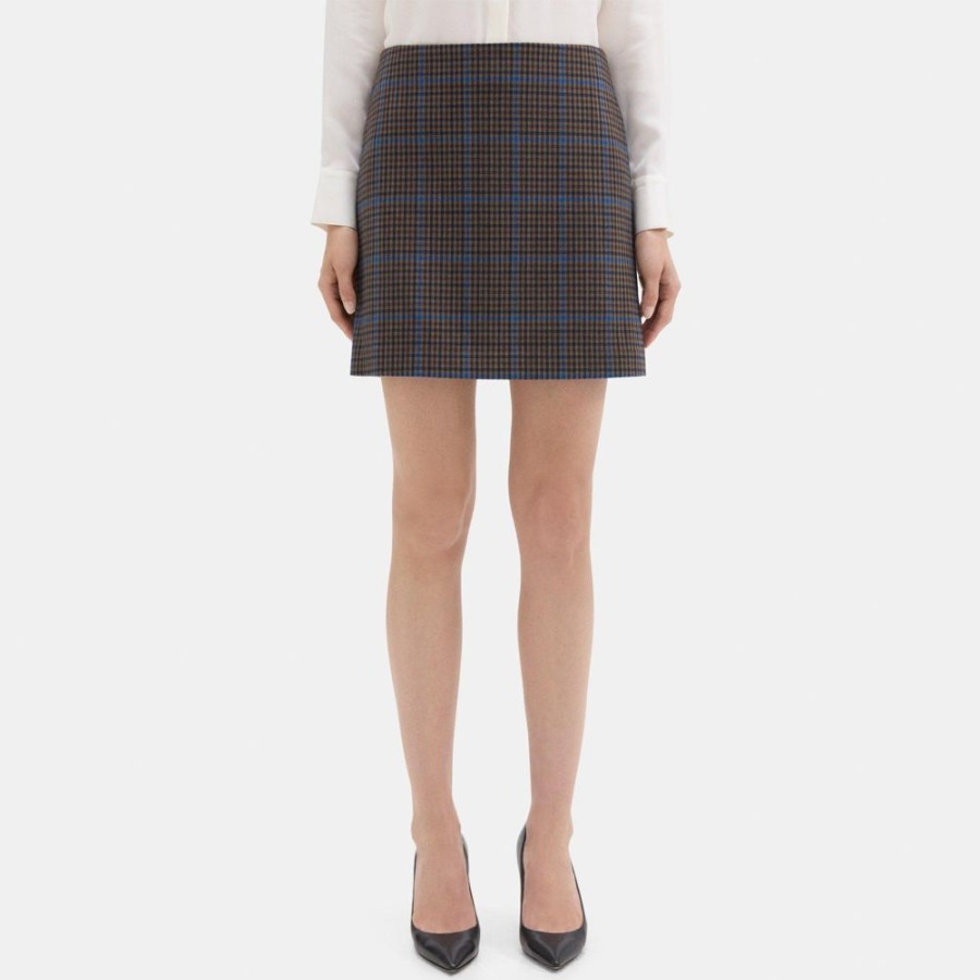 Women Theory Outlet | Mini Skirt In Windowpane Wool-Blend Khaki Multi