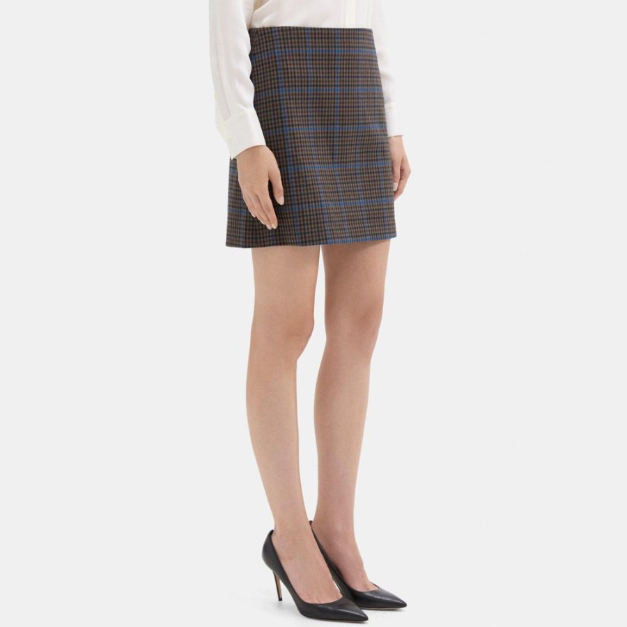 Women Theory Outlet | Mini Skirt In Windowpane Wool-Blend Khaki Multi