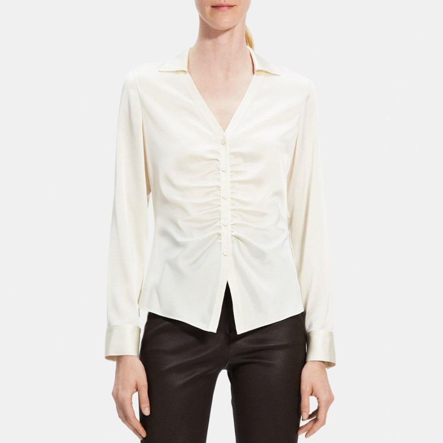 Women Theory Outlet | Ruched Button-Up Shirt In Satin Rice