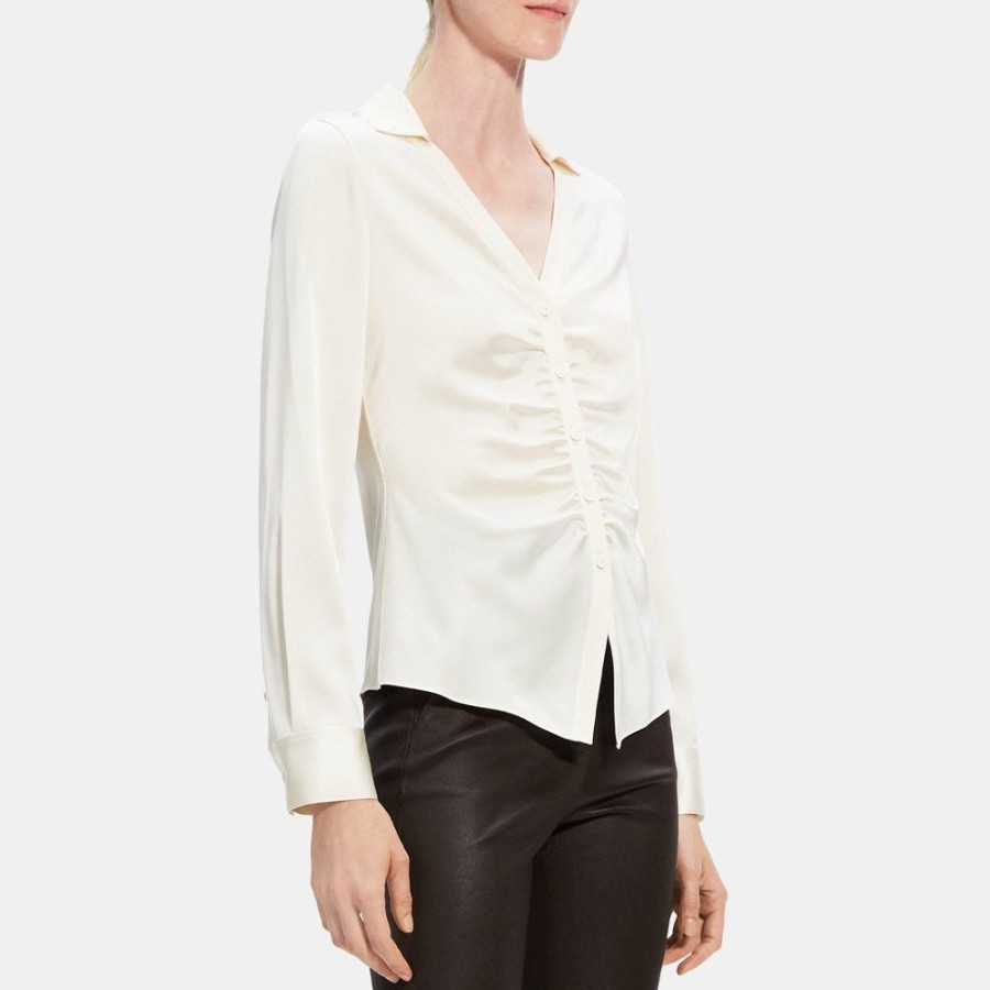 Women Theory Outlet | Ruched Button-Up Shirt In Satin Rice