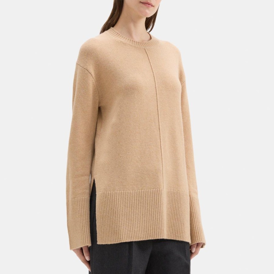 Women Theory Outlet | Oversized Crewneck Sweater In Wool-Cashmere Medium Camel