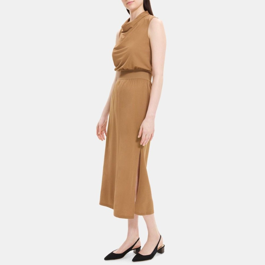 Women Theory Outlet | Sleeveless Cowl Neck Dress In Viscose-Blend Pique Cocoa Creme