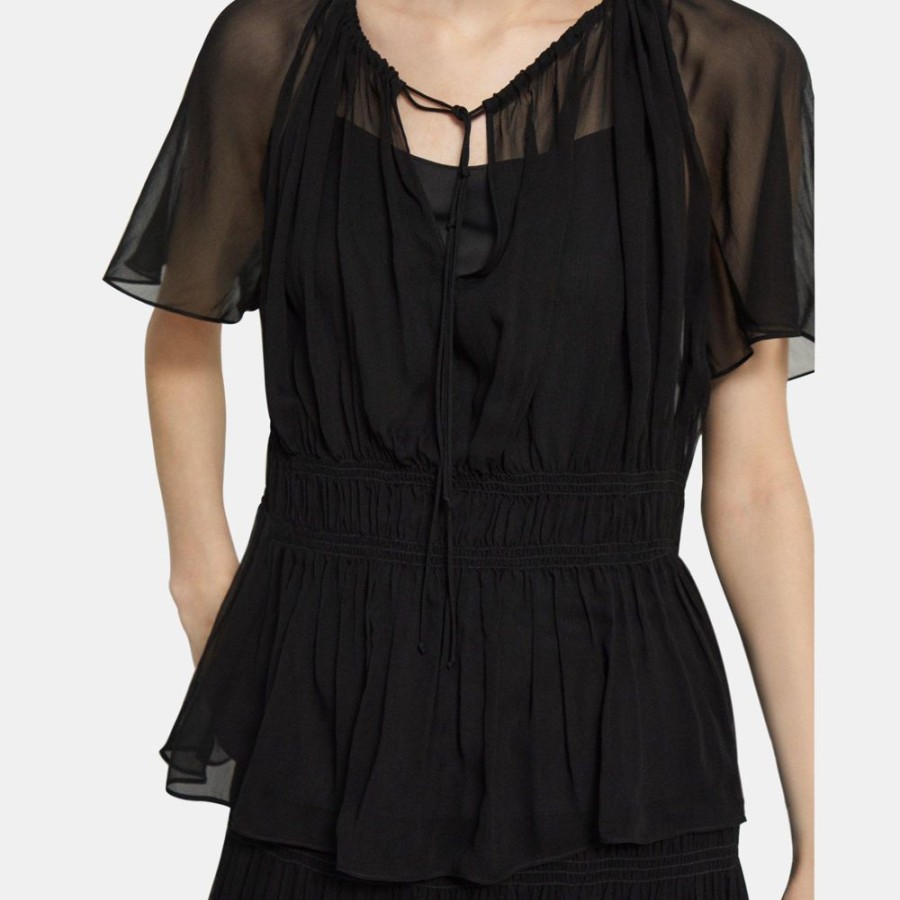 Women Theory Outlet | Tie Neck Top In Crinkled Silk Chiffon Black