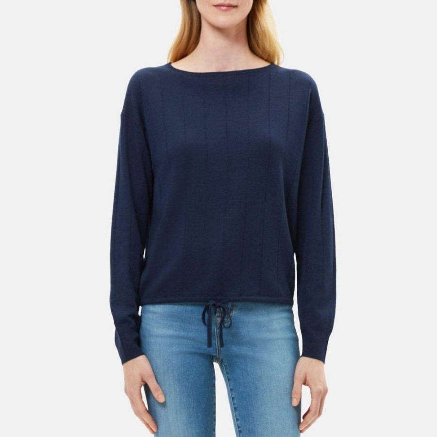 Women Theory Outlet | Drawstring Sweater In Wool-Linen New Navy Mix