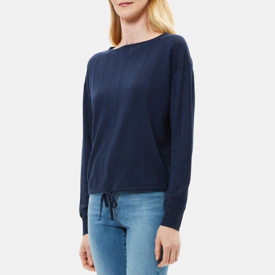 Women Theory Outlet | Drawstring Sweater In Wool-Linen New Navy Mix