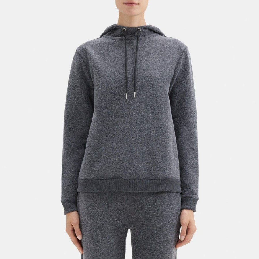 Women Theory Outlet | Mock Neck Hoodie In Cloud Fleece Charcoal Melange