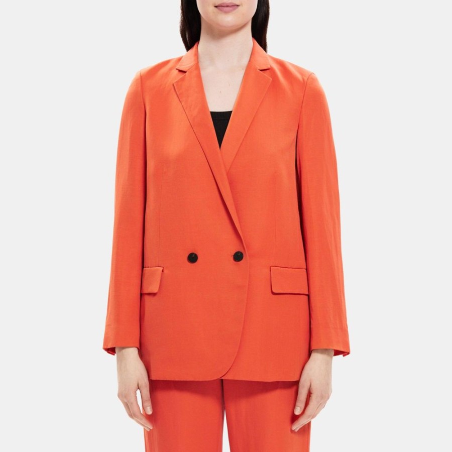 Women Theory Outlet | Double-Breasted Blazer In Linen-Blend Dark Coral