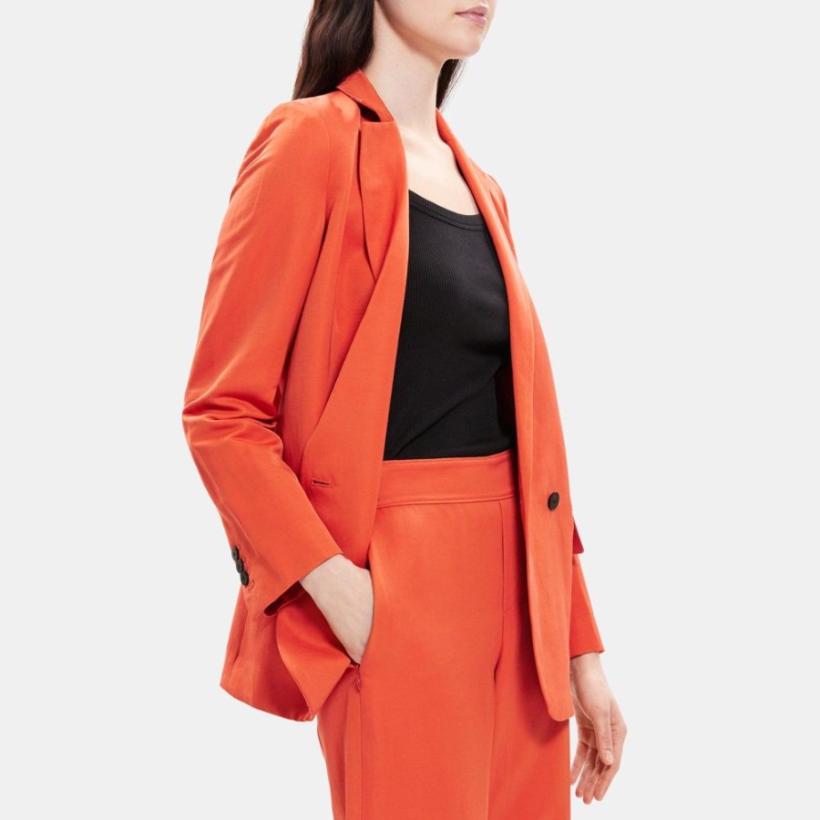 Women Theory Outlet | Double-Breasted Blazer In Linen-Blend Dark Coral