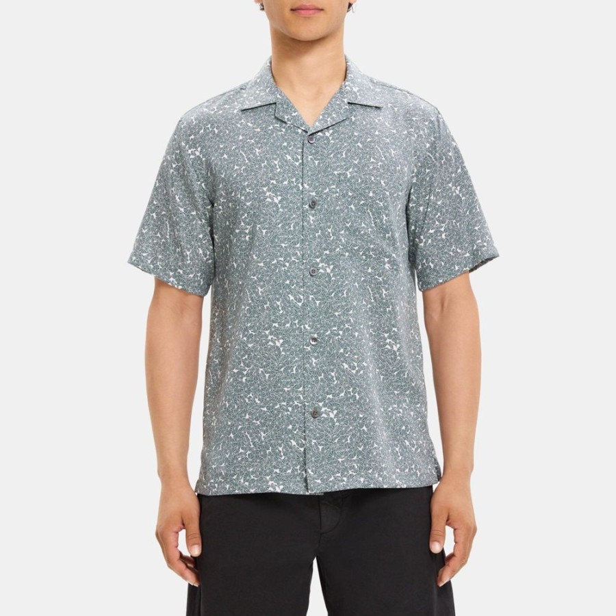 Men Theory Outlet | Noll Short-Sleeve Shirt In Floral Print Lyocell Ivory/Balsam Green