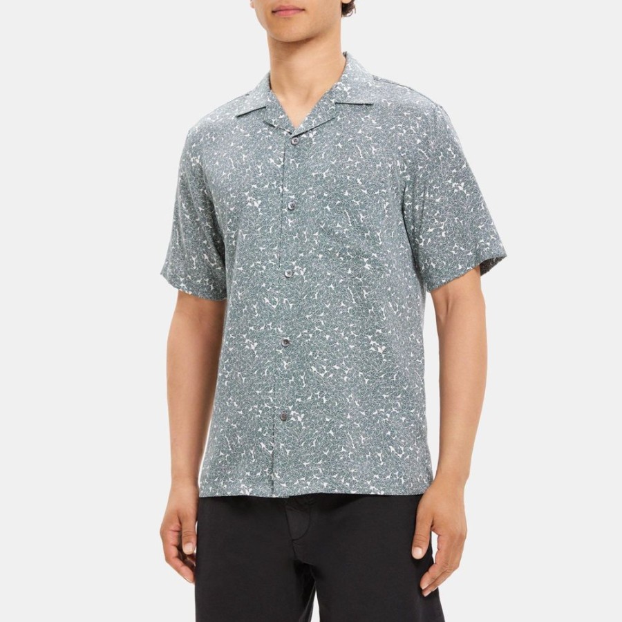 Men Theory Outlet | Noll Short-Sleeve Shirt In Floral Print Lyocell Ivory/Balsam Green