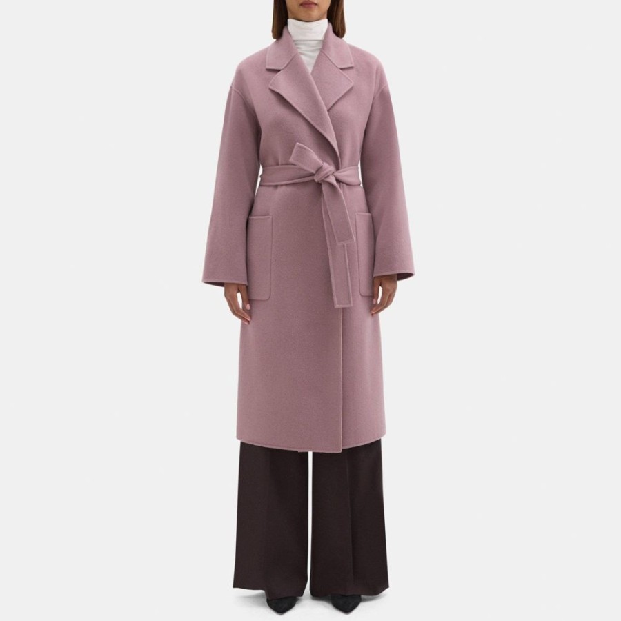 Women Theory Outlet | Robe Coat In Double-Face Wool-Cashmere Plum Melange