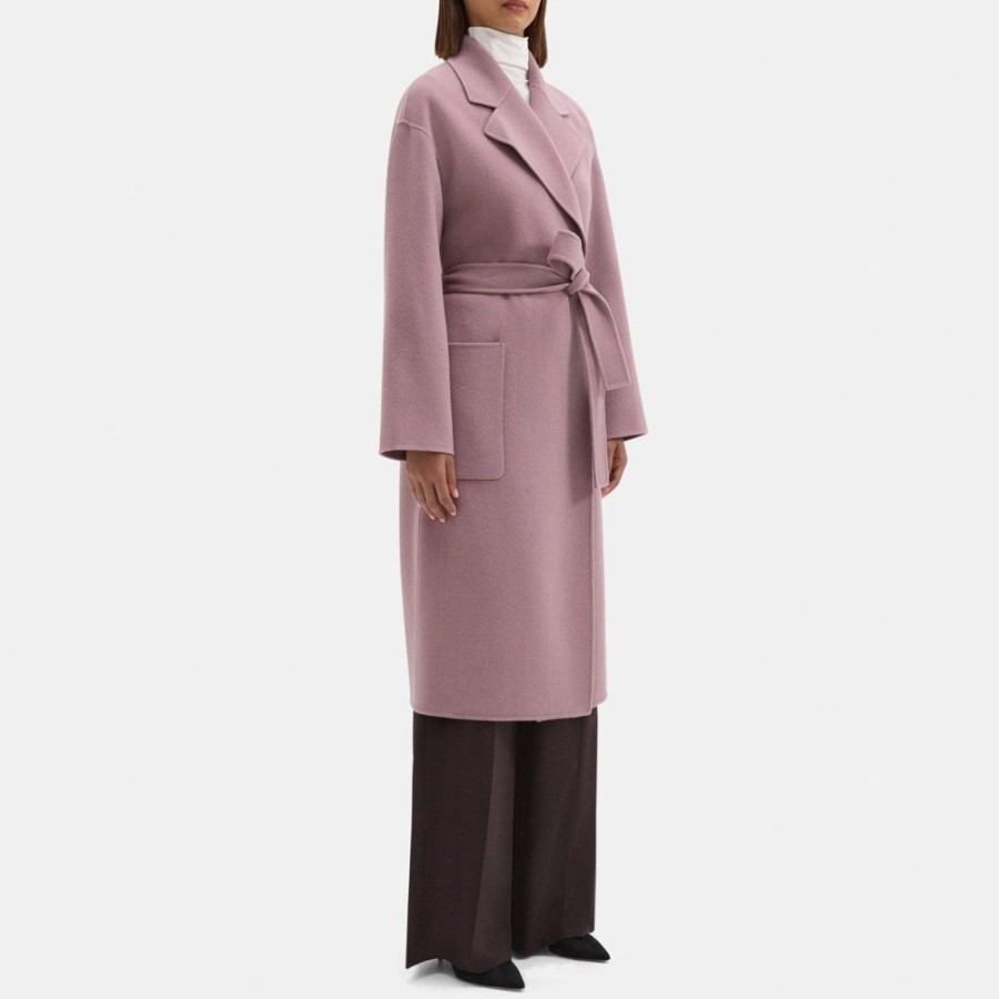 Women Theory Outlet | Robe Coat In Double-Face Wool-Cashmere Plum Melange