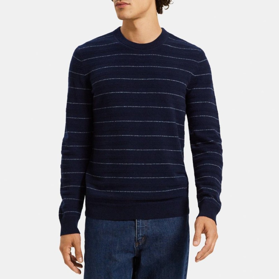 Men Theory Outlet | Crewneck Sweater In Striped Cashmere Dark Navy Multi