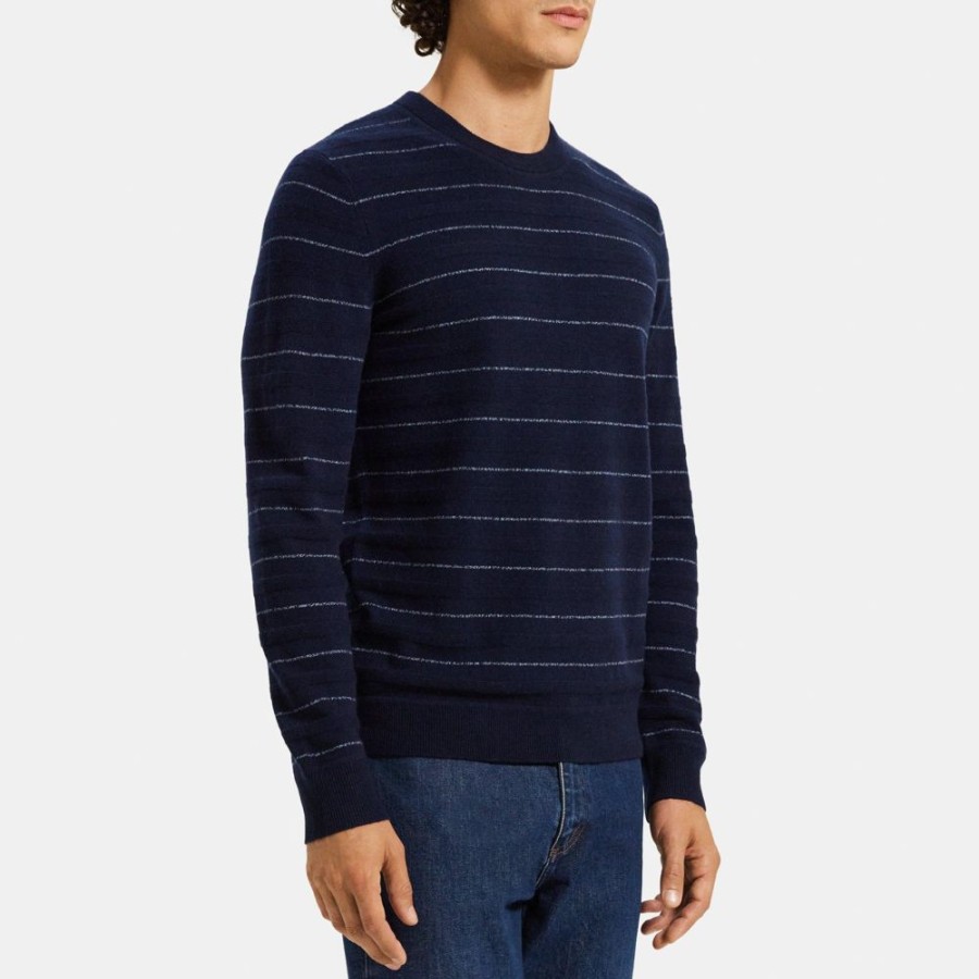 Men Theory Outlet | Crewneck Sweater In Striped Cashmere Dark Navy Multi