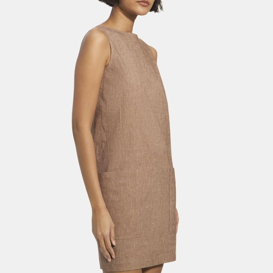 Women Theory Outlet | Sleeveless Shift Dress In Linen Blend Melange Bronze