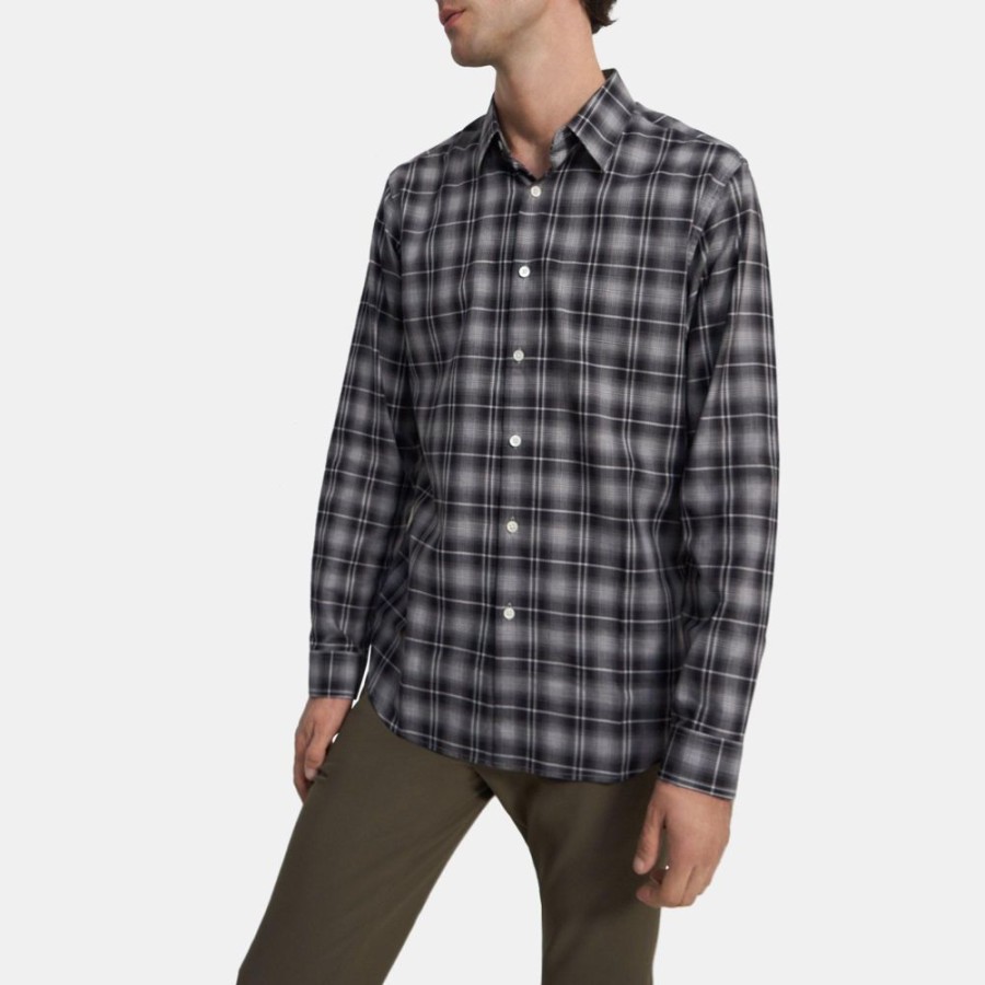 Men Theory Outlet | Standard-Fit Shirt In Overdyed Gingham Cotton Black/Ivory