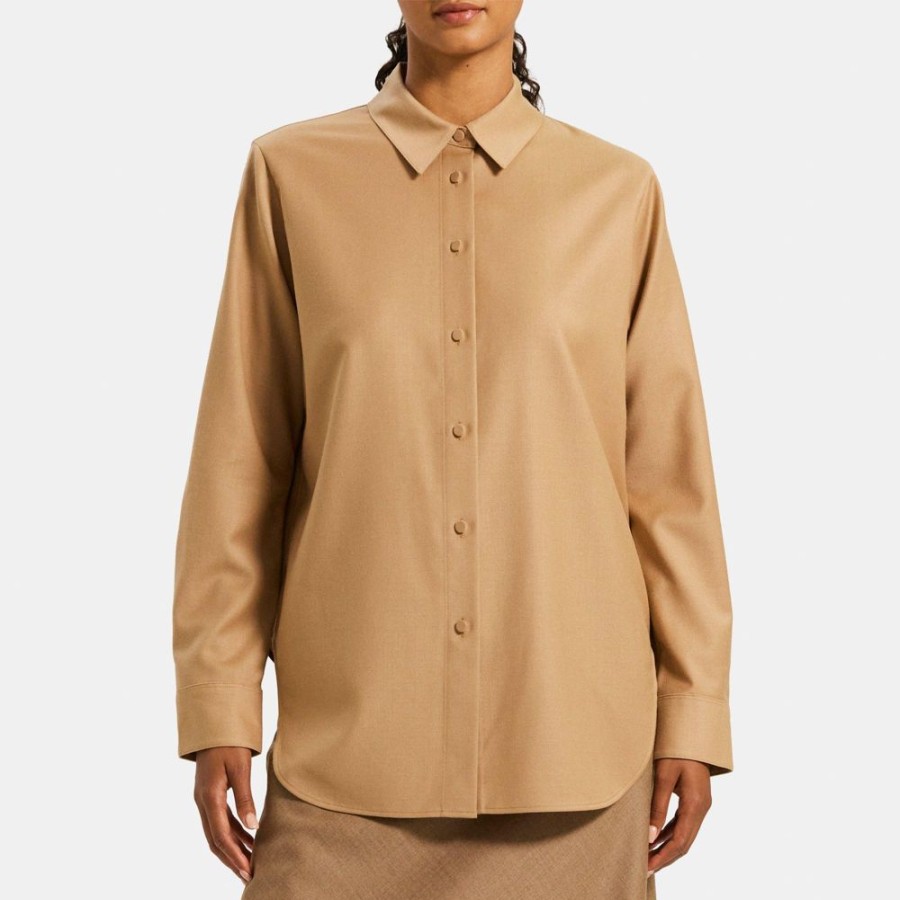 Women Theory Outlet | Menswear Shirt In Wool-Blend Flannel Camel