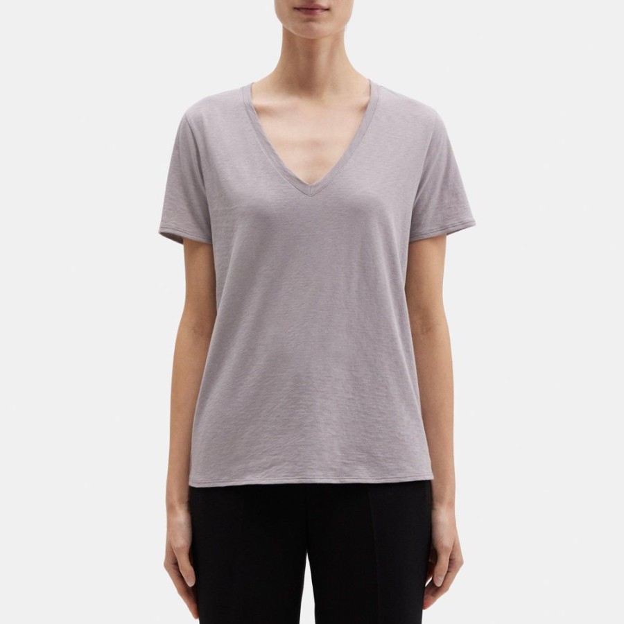 Women Theory Outlet | V-Neck Tee In Slub Cotton Gull