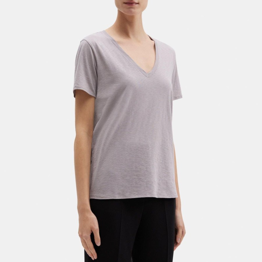 Women Theory Outlet | V-Neck Tee In Slub Cotton Gull