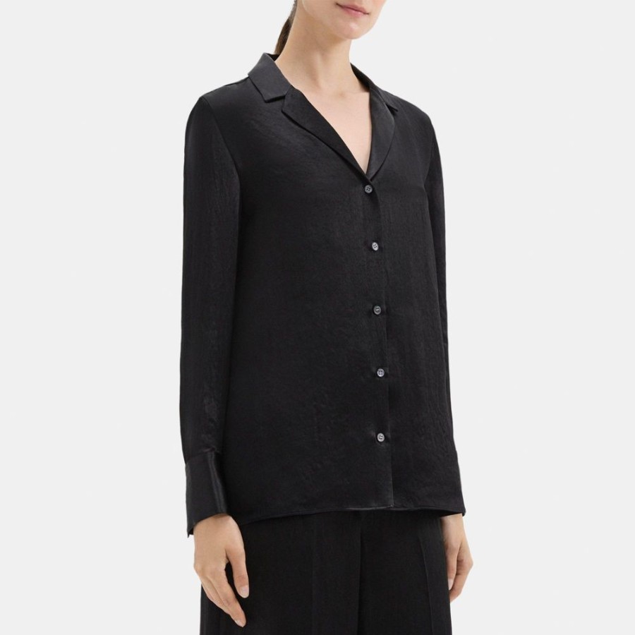 Women Theory Outlet | Collared Blouse In Crushed Satin Black