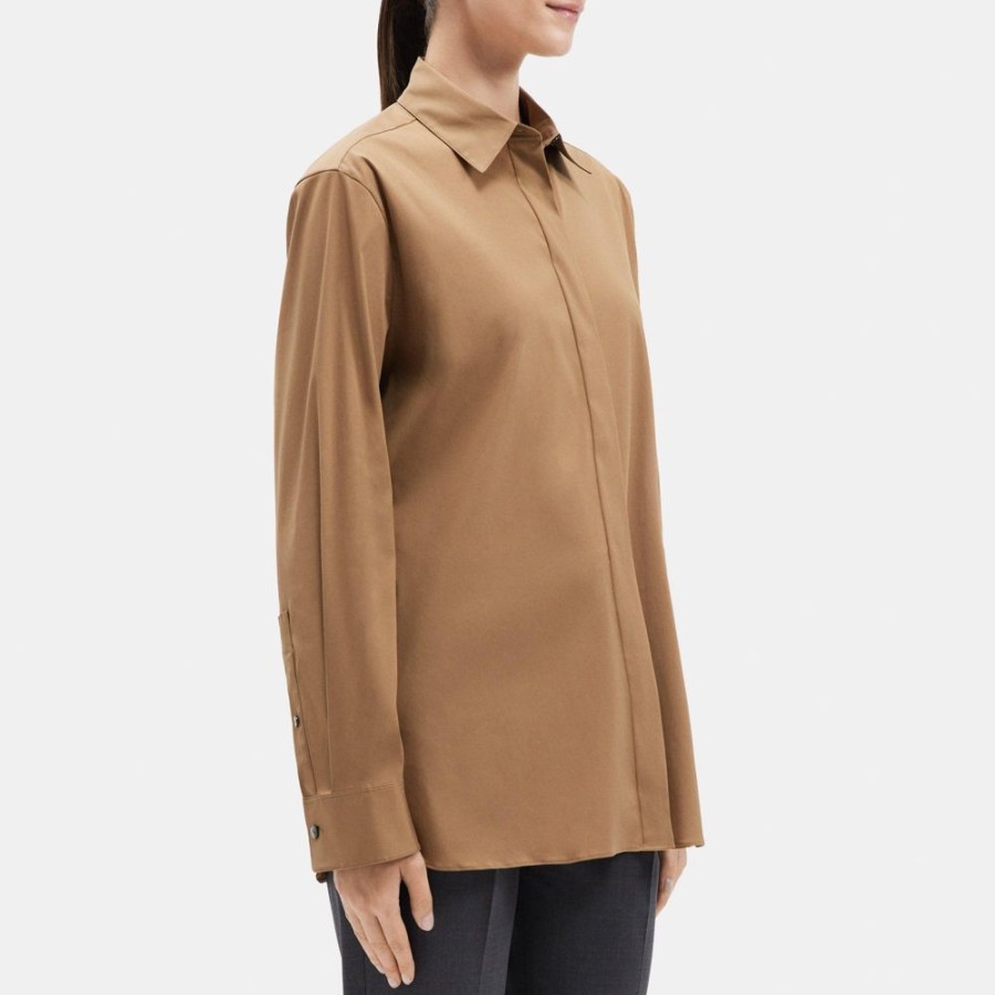 Women Theory Outlet | Menswear Shirt In Stretch Cotton Truffle