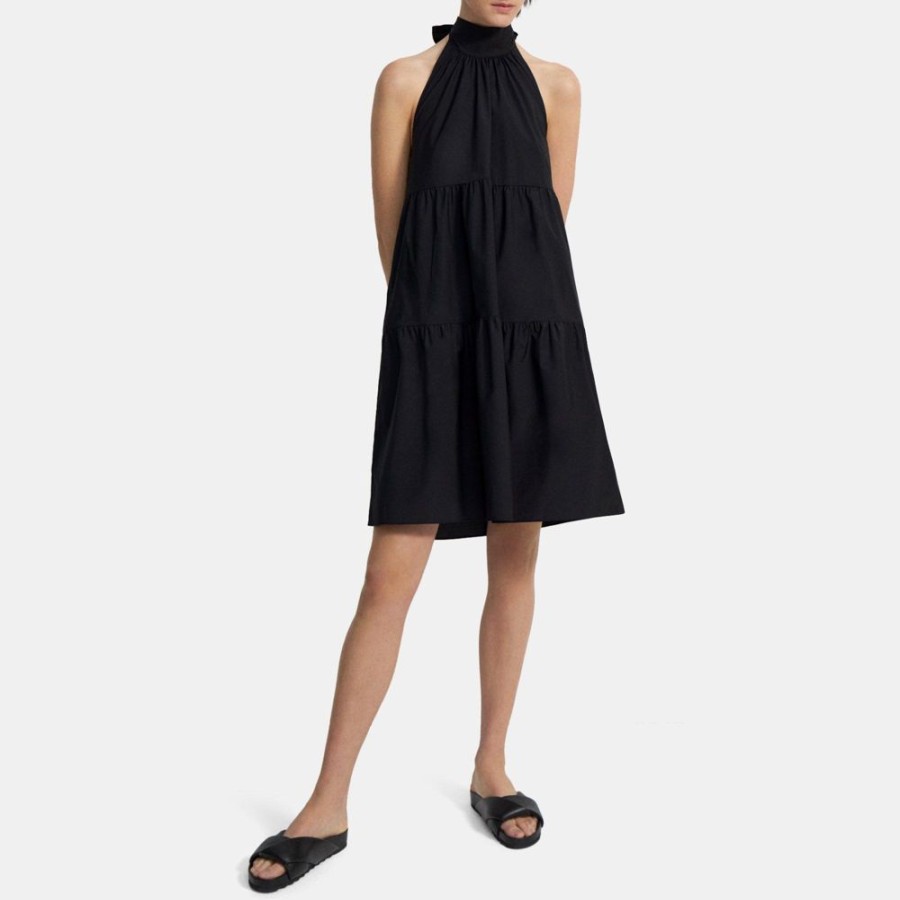 Women Theory Outlet | Tiered Halter Mini Dress In Cotton Blend Black