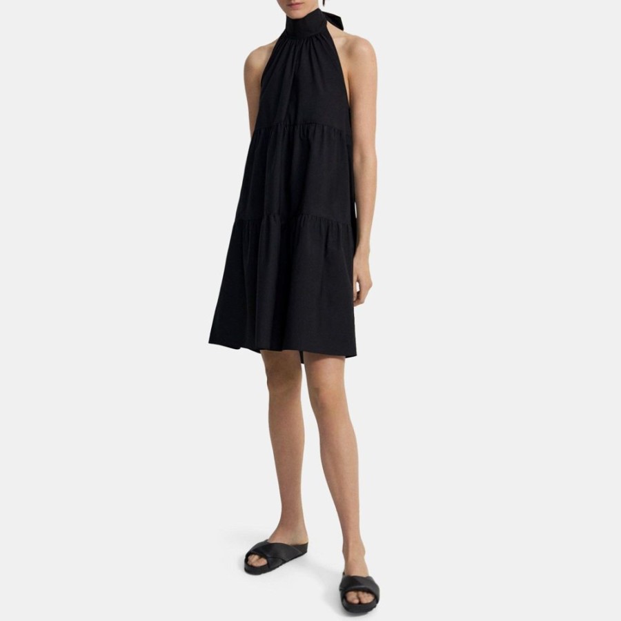 Women Theory Outlet | Tiered Halter Mini Dress In Cotton Blend Black