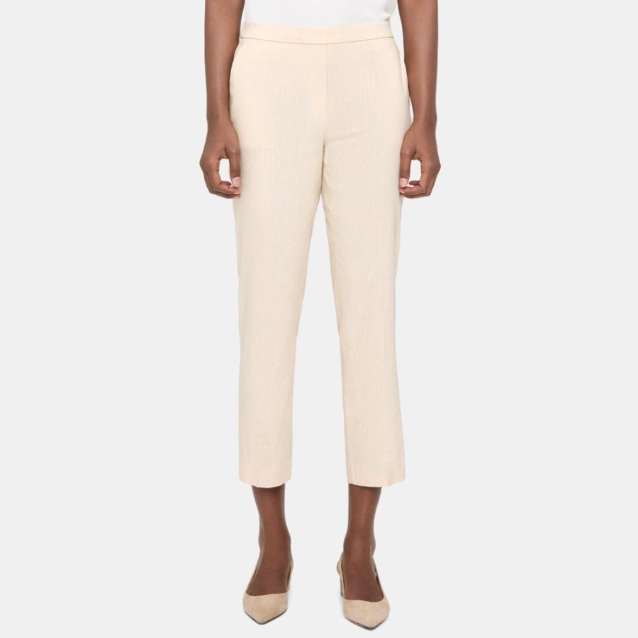 Women Theory Outlet | Slim Cropped Pull-On Pant In Linen Blend Melange Oat Melange