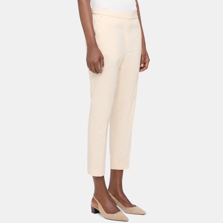 Women Theory Outlet | Slim Cropped Pull-On Pant In Linen Blend Melange Oat Melange