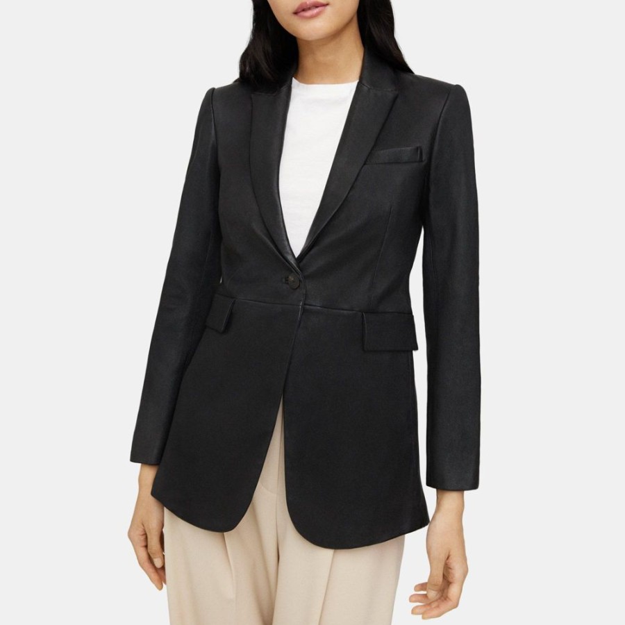 Women Theory Outlet | Single-Breasted Blazer In Leather Black