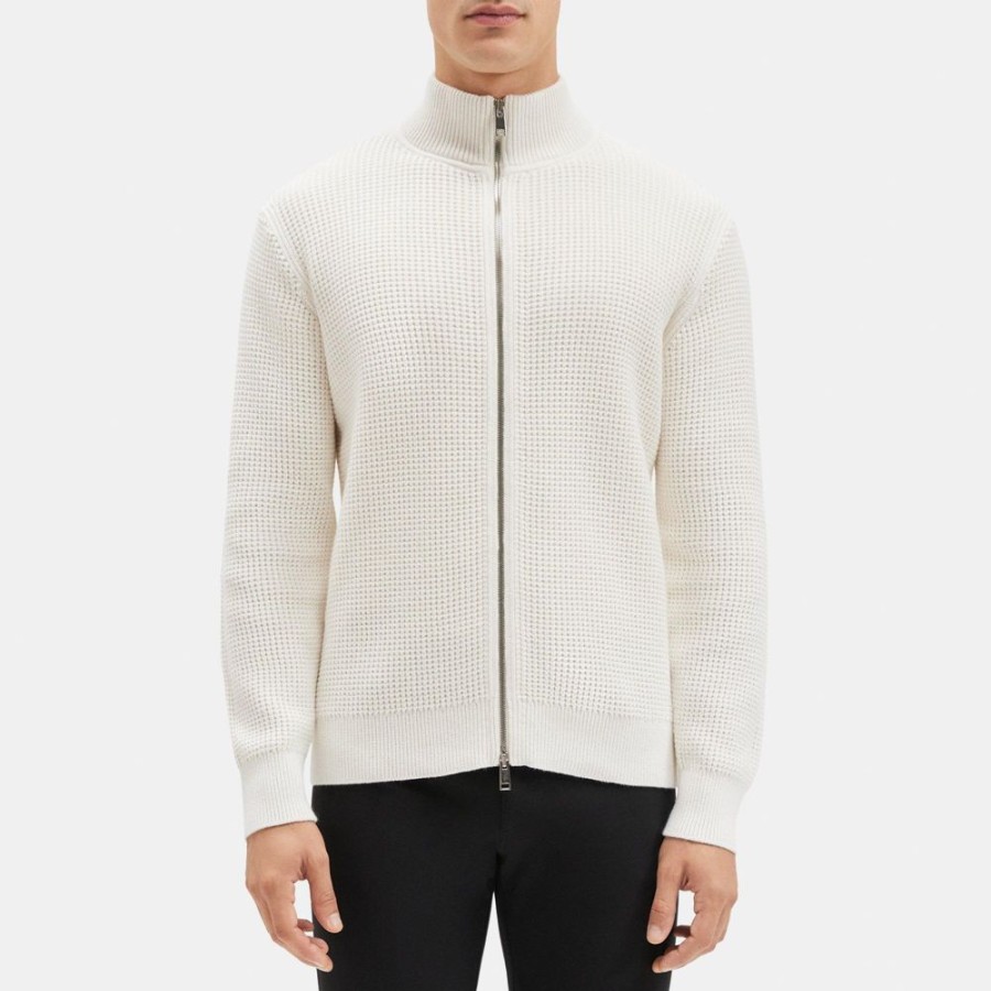 Men Theory Outlet | Full-Zip Sweater In Waffle Cotton-Cashmere White/Baltic