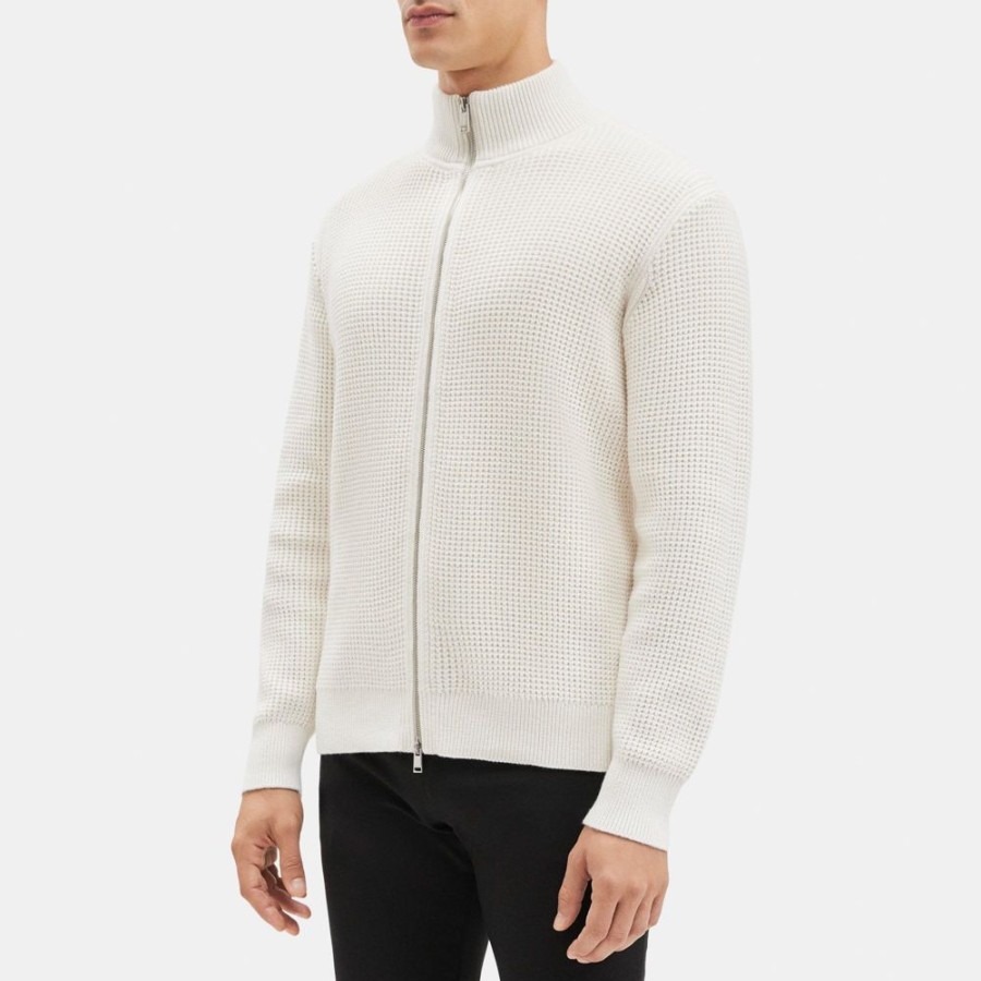 Men Theory Outlet | Full-Zip Sweater In Waffle Cotton-Cashmere White/Baltic