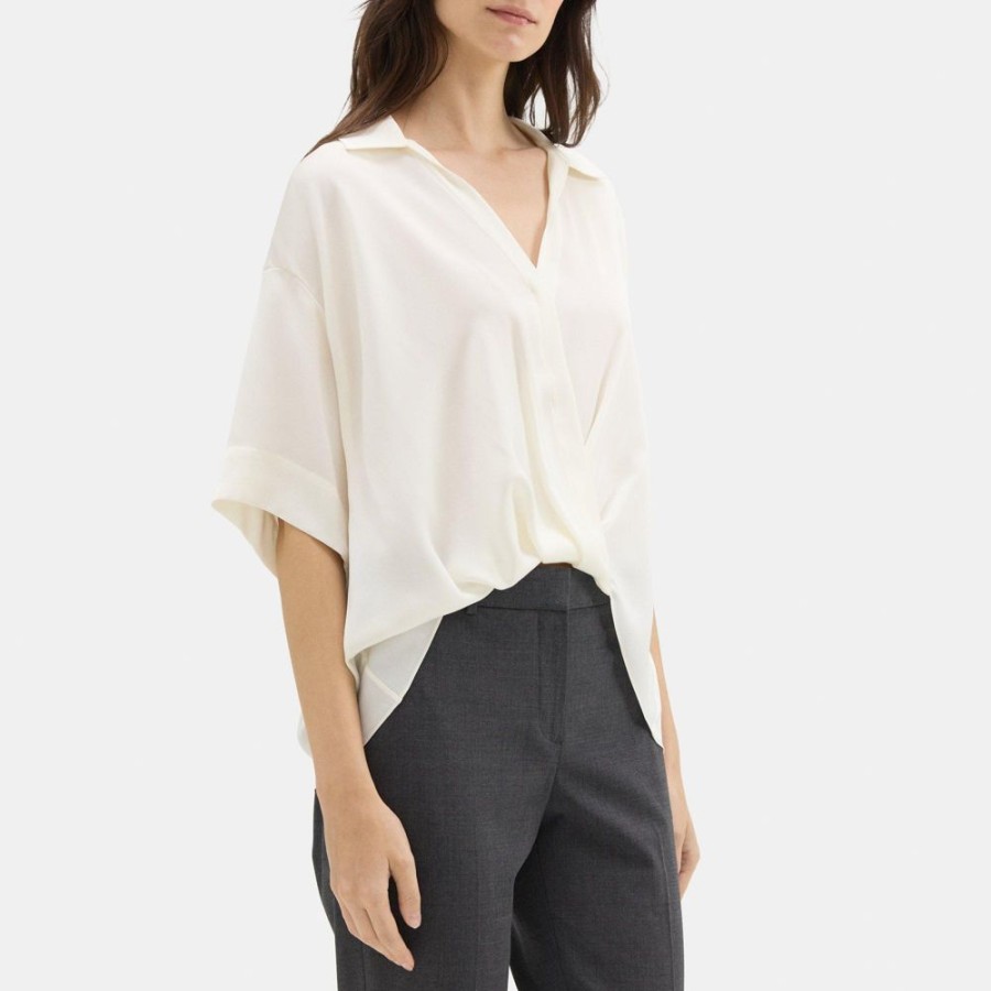 Women Theory Outlet | Twisted Short-Sleeve Blouse In Silk Georgette Ivory