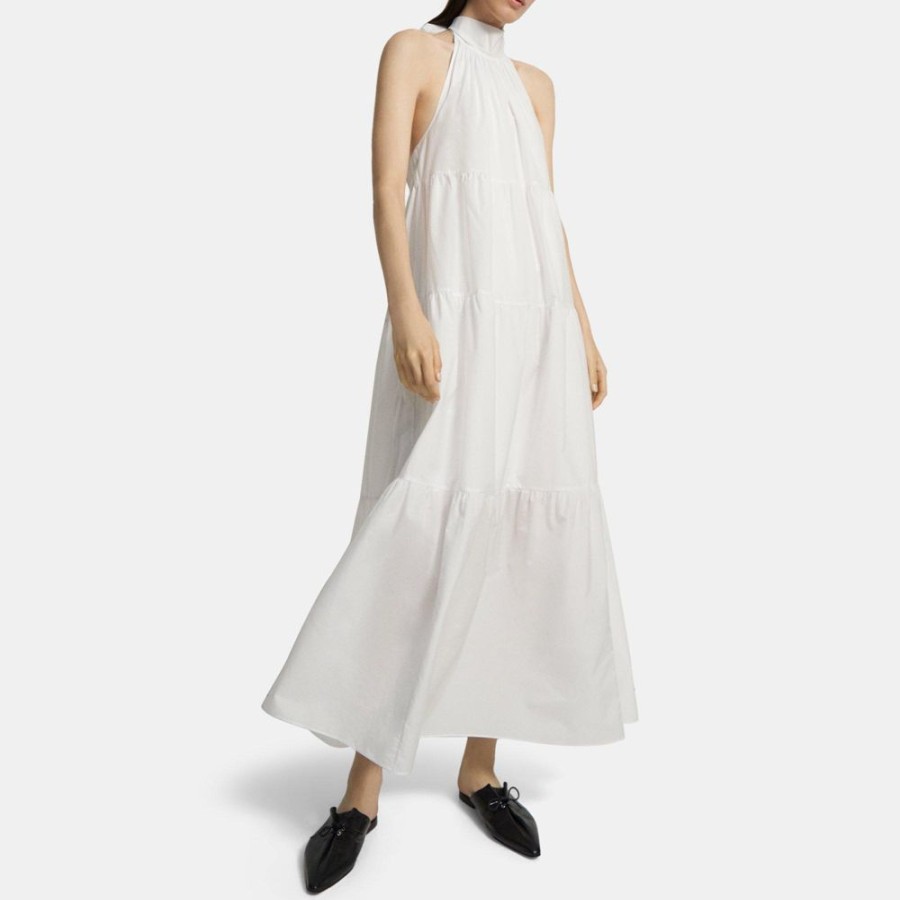 Women Theory Outlet | Tiered Halter Maxi Dress In Cotton Blend White