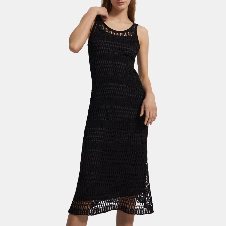 Women Theory Outlet | Sleeveless Midi Dress In Cotton Crochet Jet Black