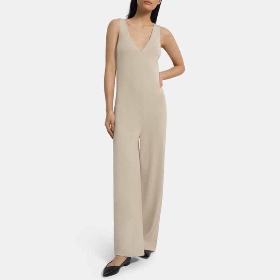 Women Theory Outlet | V-Neck Jumpsuit In Merino Wool Wheat