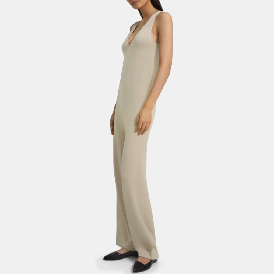 Women Theory Outlet | V-Neck Jumpsuit In Merino Wool Wheat