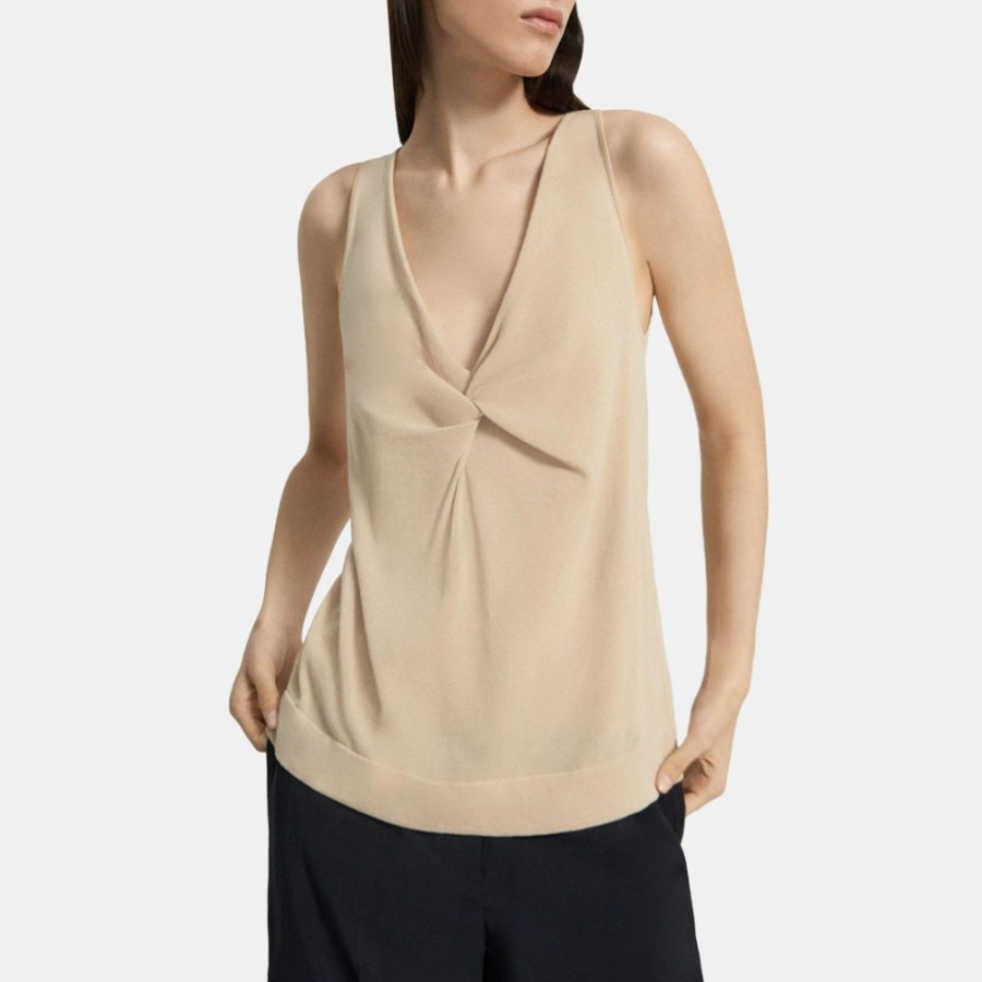 Women Theory Outlet | Twisted Tank Top In Cotton Blend Pale Sand