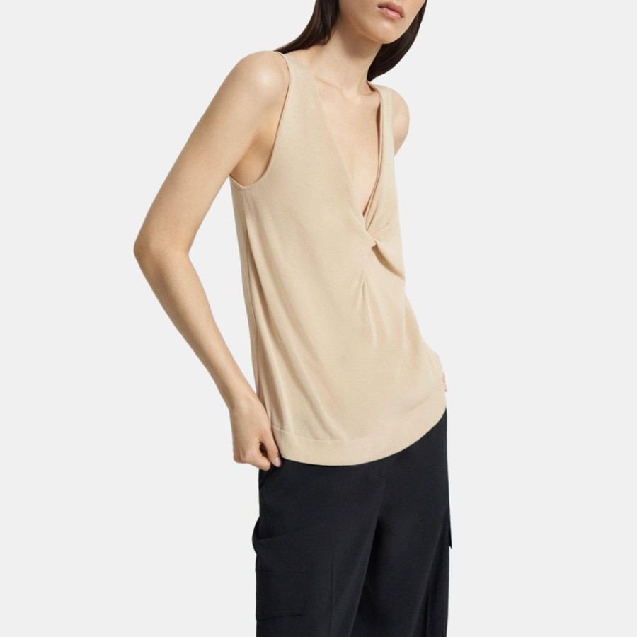 Women Theory Outlet | Twisted Tank Top In Cotton Blend Pale Sand