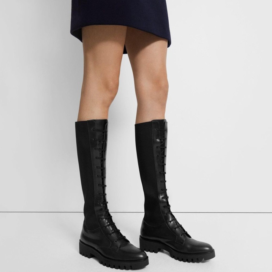 Women Theory Outlet | Laced Lug Boot In Leather Black