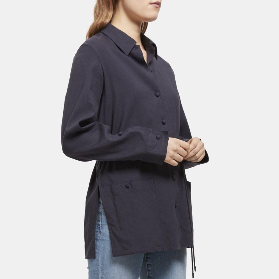 Women Theory Outlet | Belted Shirt Jacket In Linen Blend Deep Navy